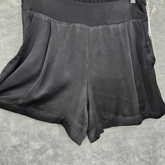 1 State On Point Satin Shorts S Black Flat Front Elastic Waist Zip High Rise New - Picture 3 of 12